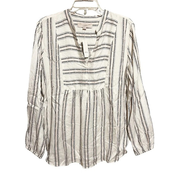 LOFT Blouse NWT Womens Medium White Striped Rayon Balloon Sleeve V Neck - Picture 1 of 11